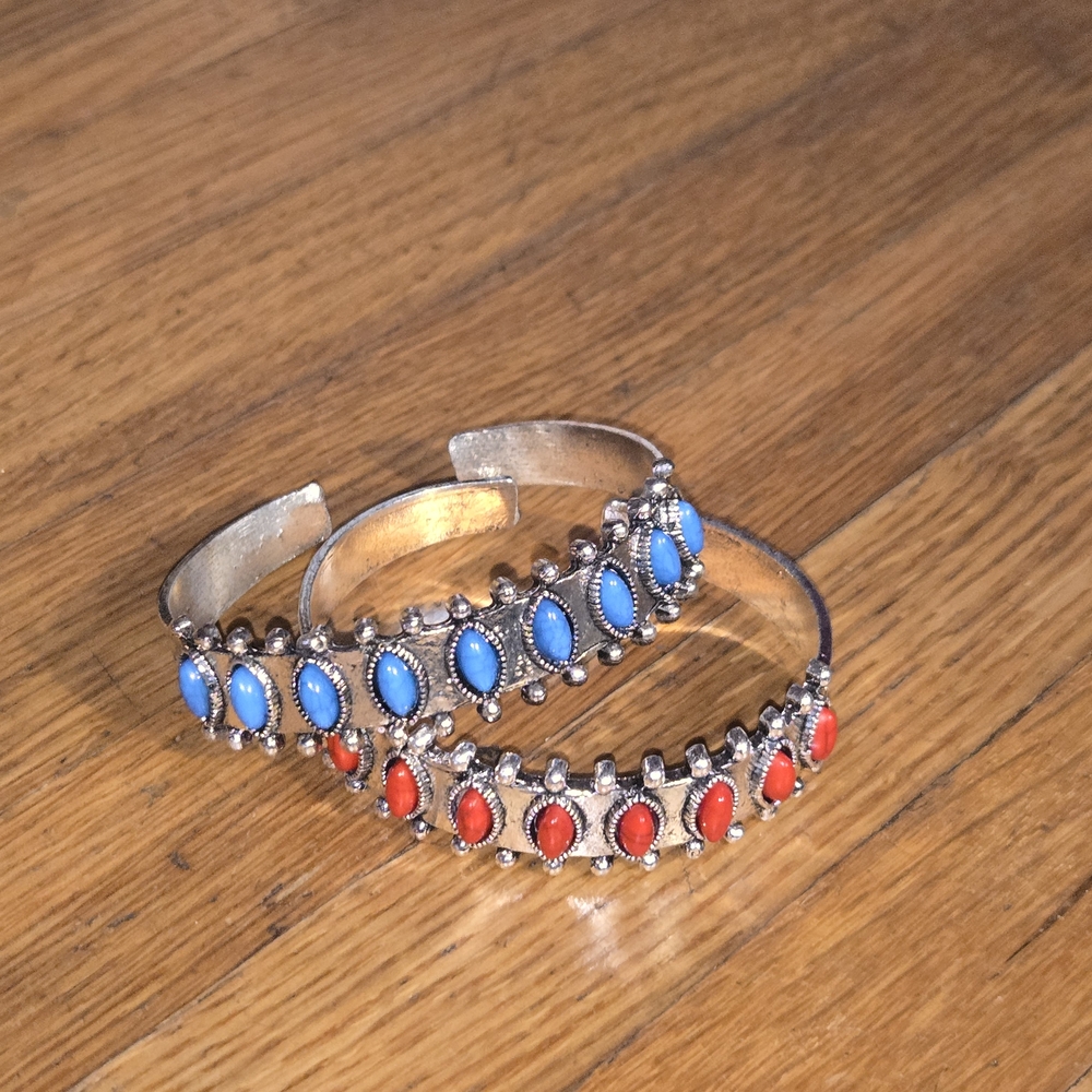 Silver-Tone Cuff Bracelets with Red and Blue Stones - Set of 2